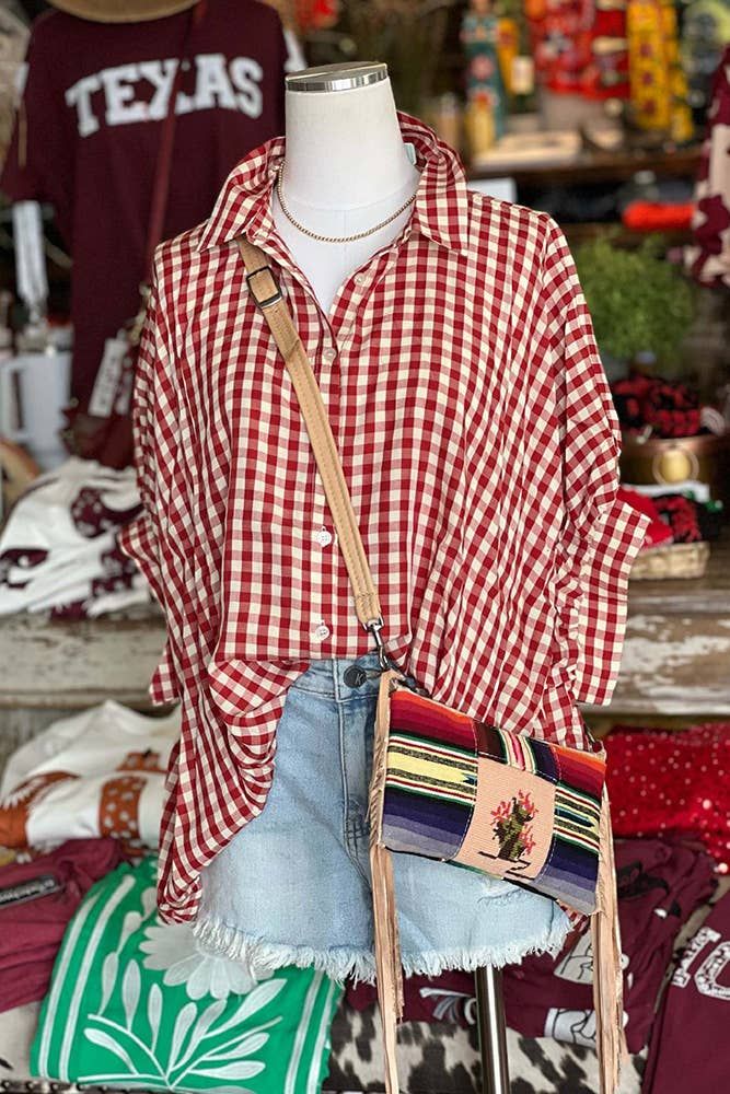 Plaid Print Button Up Oversize Blouse Shirt BBSP045: Red, Size: Small
