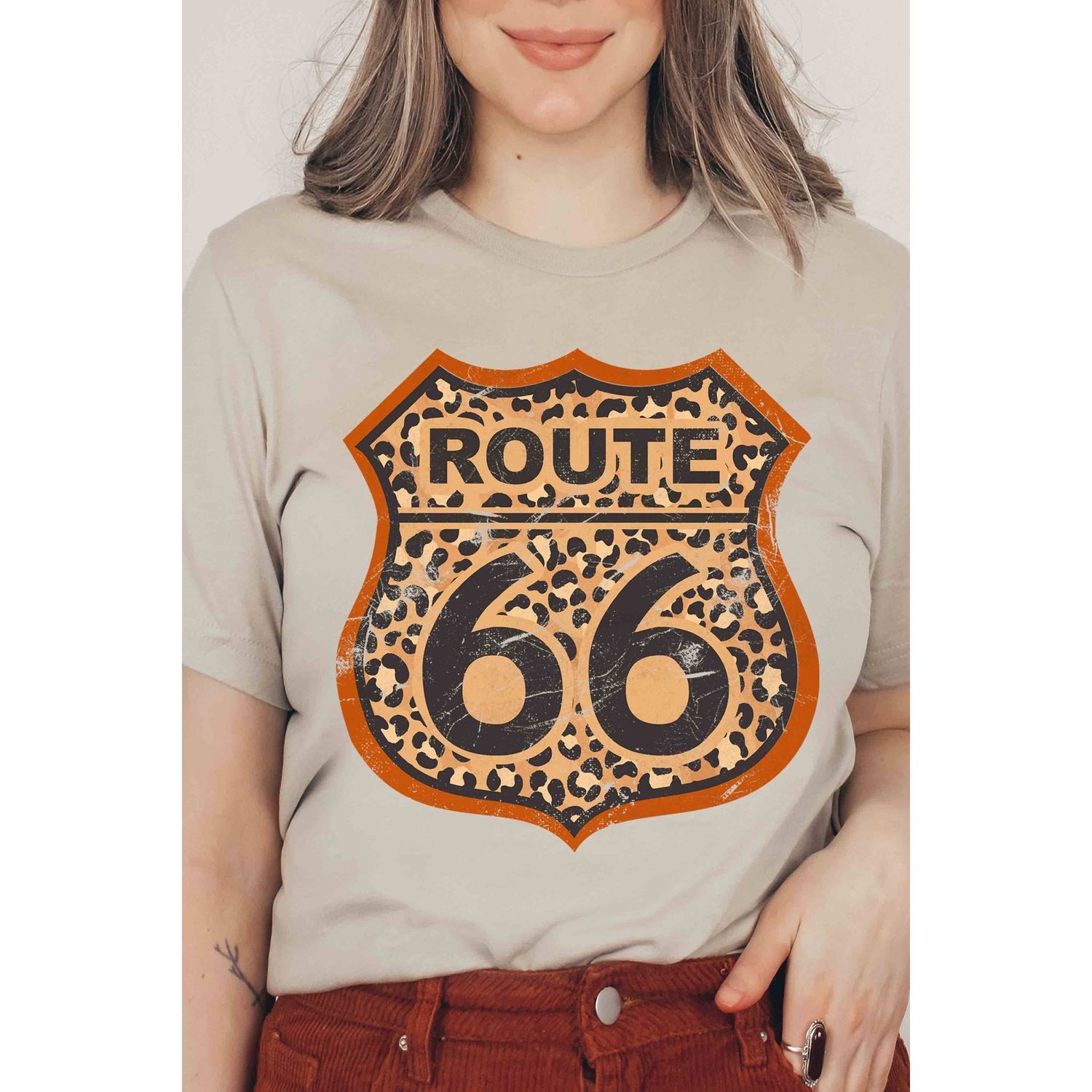LEOPARD ROUTE 66 Graphic Tee: IVORY, Size: Small
