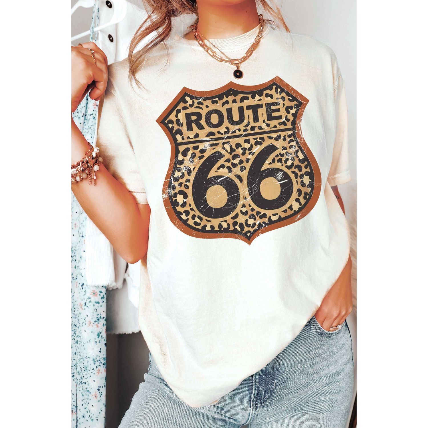 LEOPARD ROUTE 66 Graphic Tee: WHITE, Size: Small