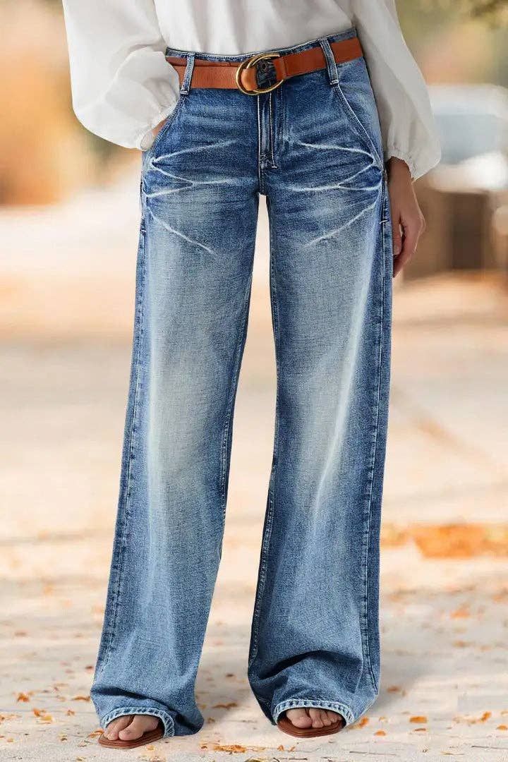Women's High Waist Vintage Washed Relaxed Wide Leg Jeans: Blue / S, Size: Small