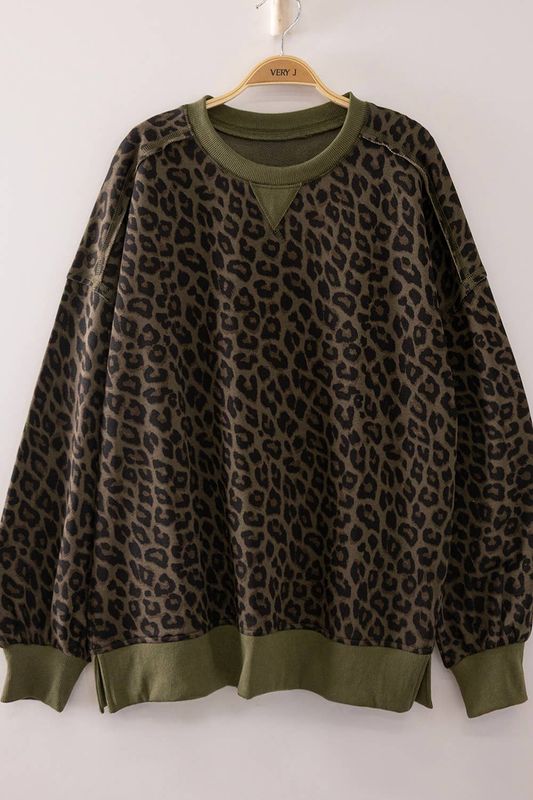 NT12770-Printed Crew Neck Sweatshirt: OLIVE LEOPARD