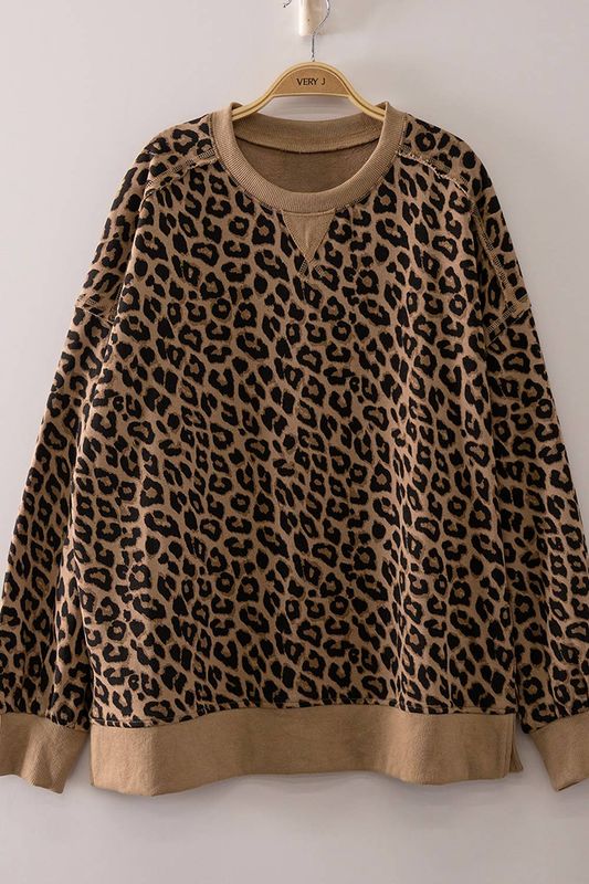 NT12770-Printed Crew Neck Sweatshirt: TAUPE LEOPARD