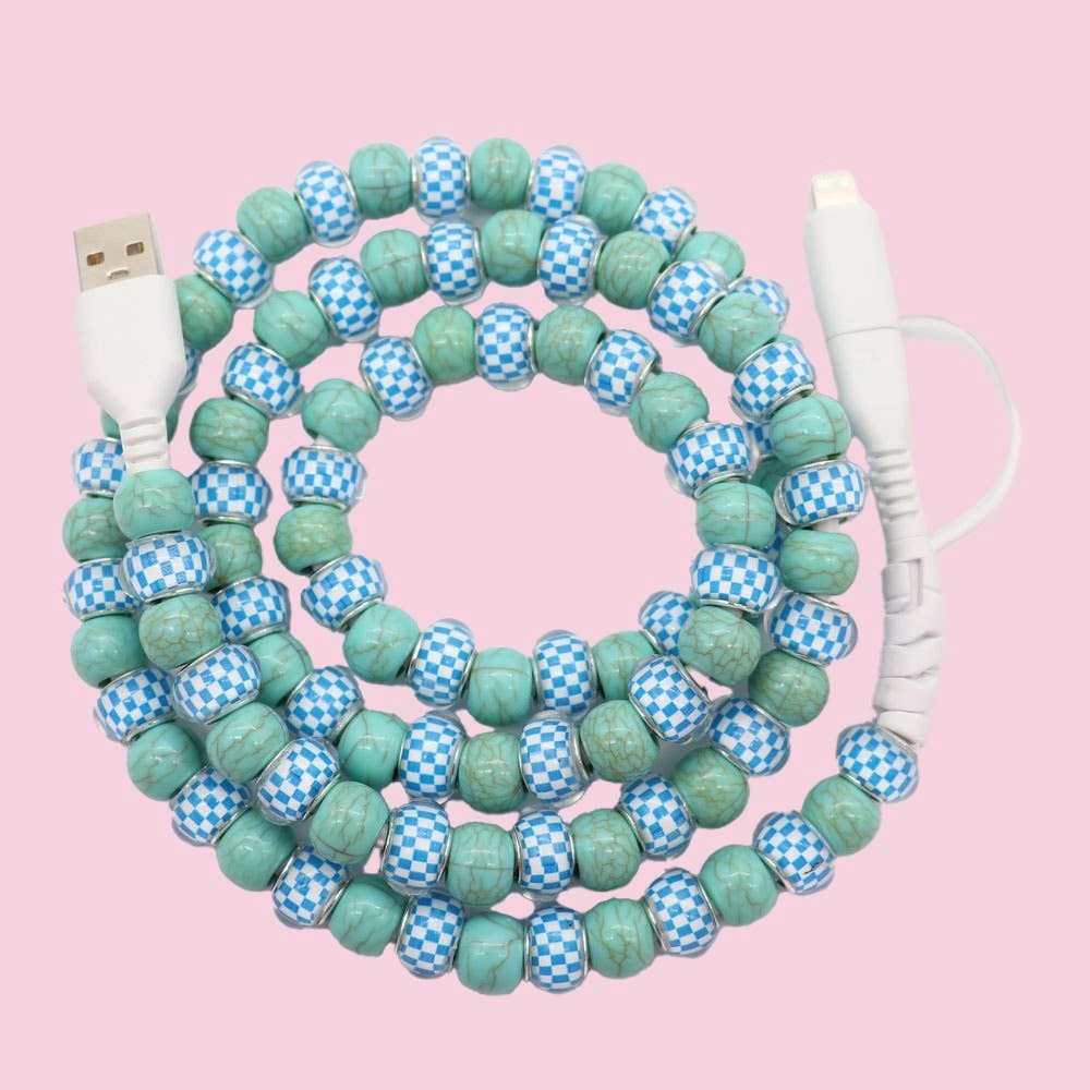 Beaded Data Cable 2 in 1 type-c to ip15: Checker turquoise