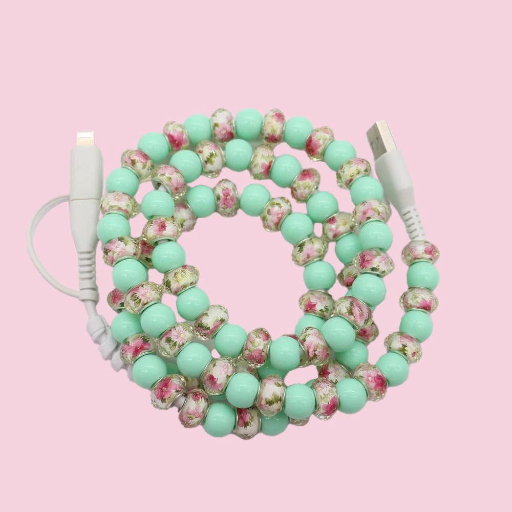 Beaded Data Cable 2 in 1 type-c to ip15: Mint green floral