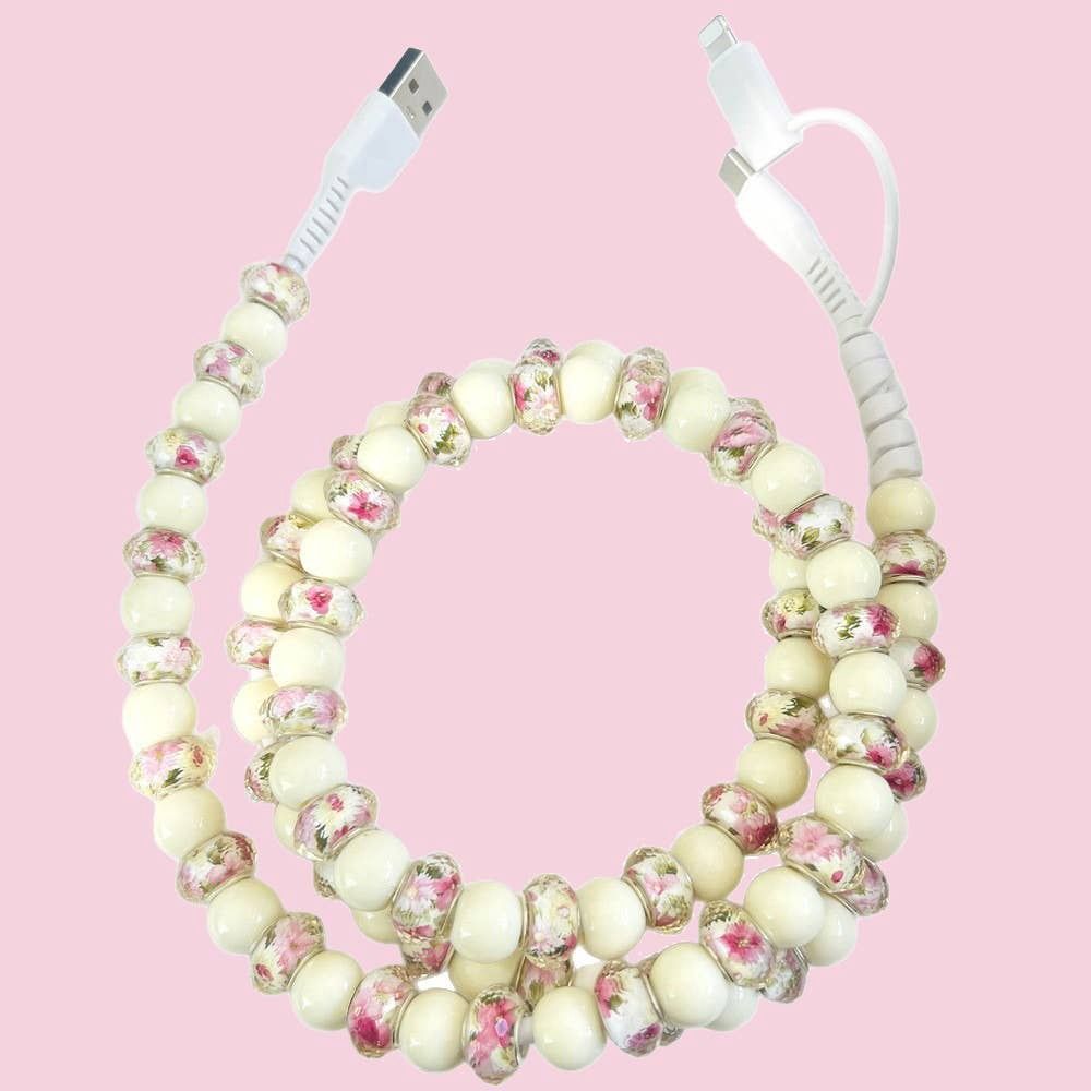 Beaded Data Cable 2 in 1 type-c to ip15: White floral