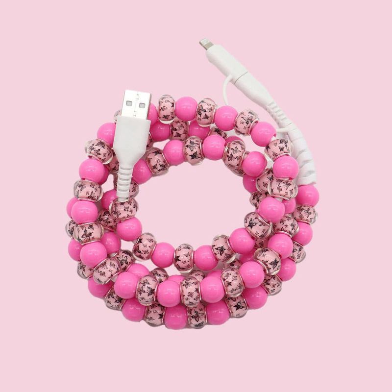 Beaded Data Cable 2 in 1 type-c to ip15: Pink butterflys