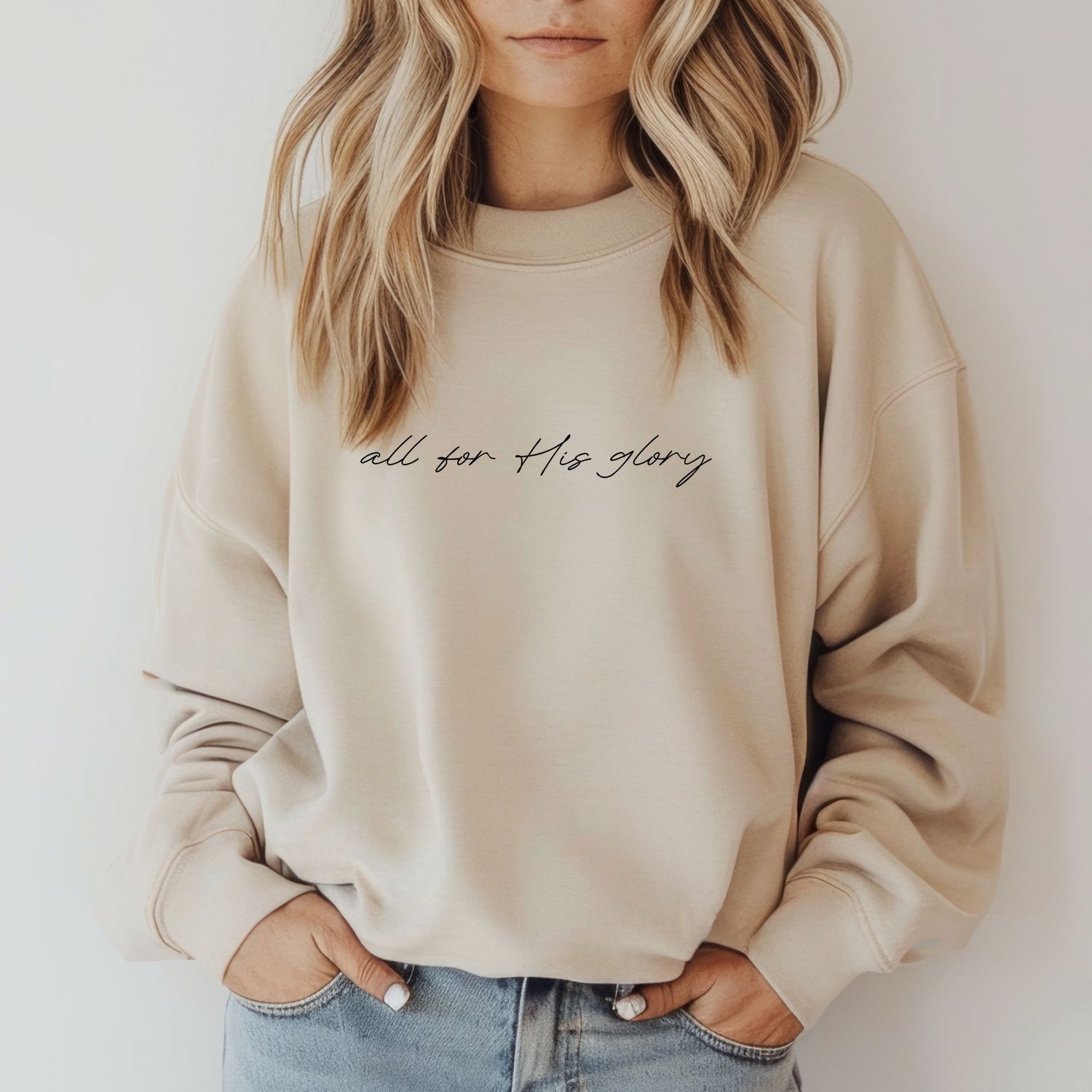 All For His Glory Sweatshirt - Graphic Christian Summer Tee : Sand, Size: Small