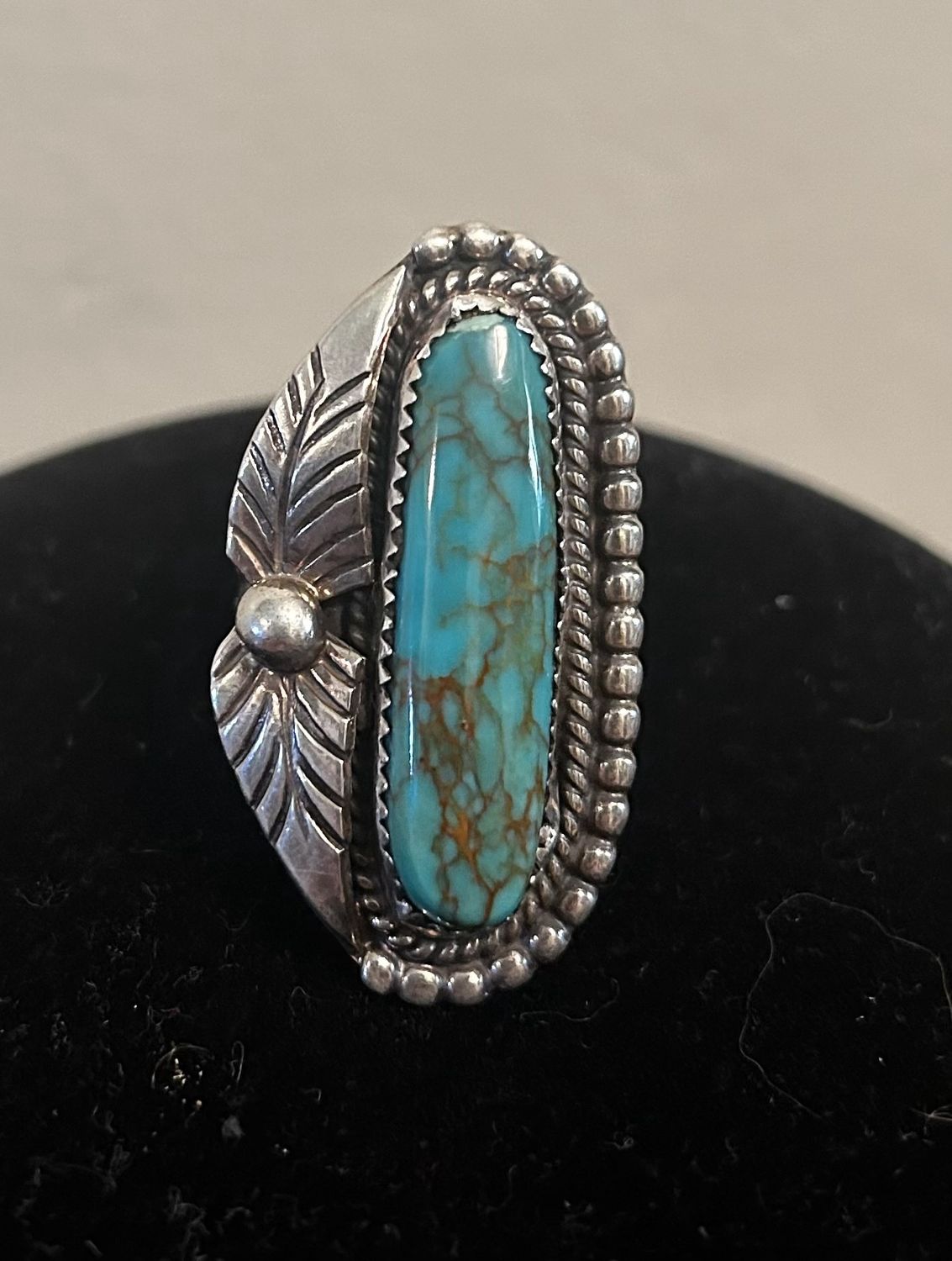 Vintage Turquoise and Sterling Ring, size 7 1/2.     1 1/2”x 1/2”.  SW, Kay Johnson