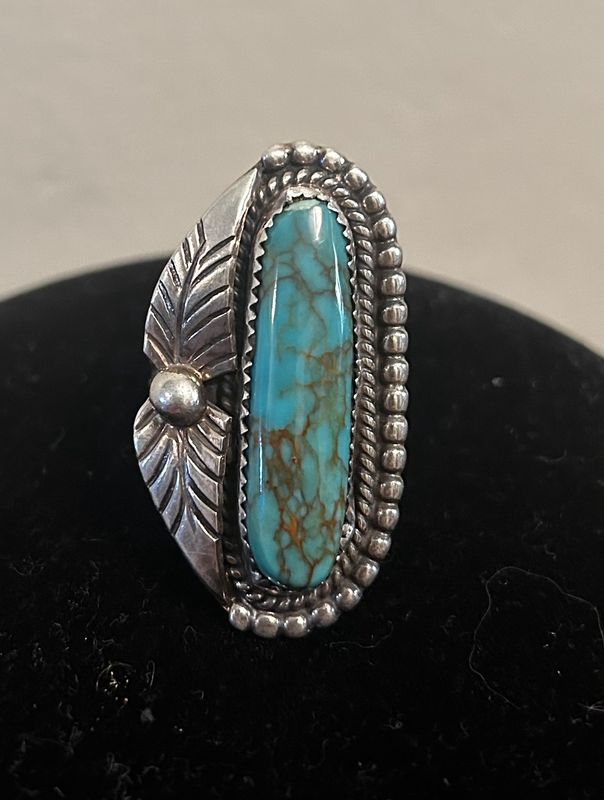 Vintage Turquoise and Sterling Ring, size 7 1/2.     1 1/2”x 1/2”.  SW, Kay Johnson