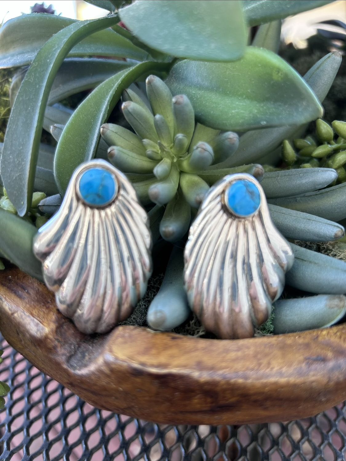 Vintage sterling Shell post back with turquoise cabochon,  1 1/2” x 1 1/4”.  $60.00