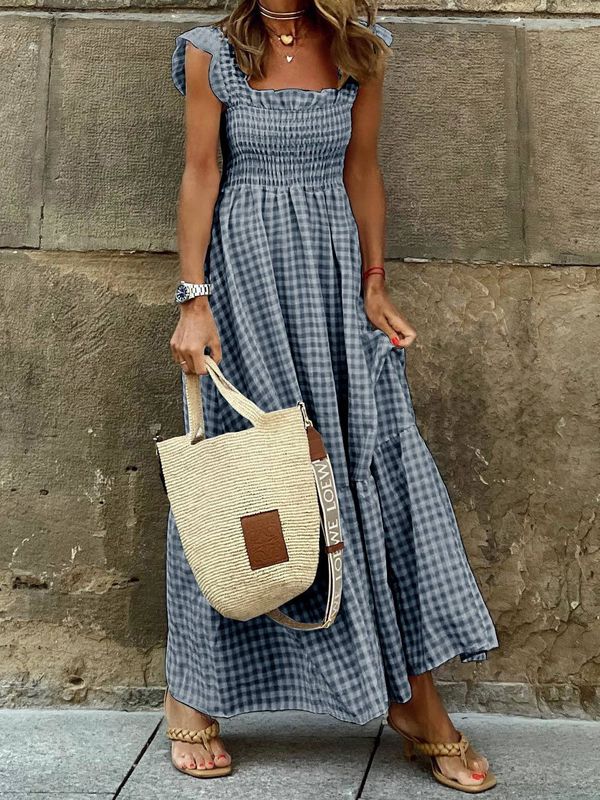 Gingham Smocked Maxi Dress Resort Style: BLACK