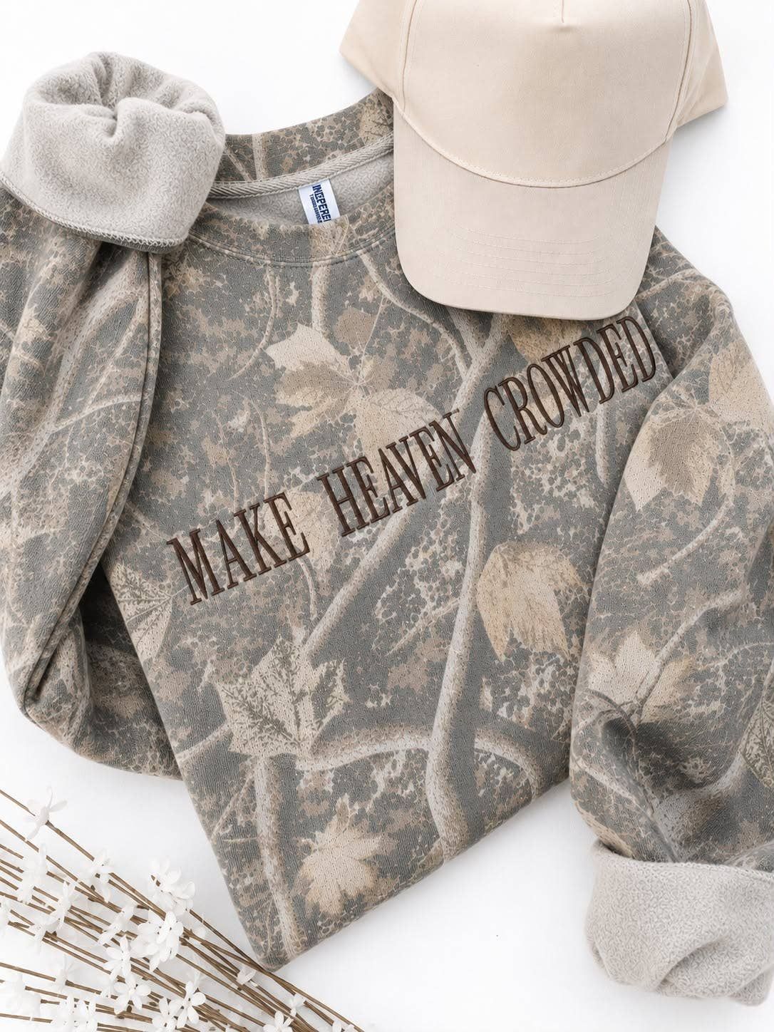 Make Heaven Crowded Embroidered Camo Sweatshirt, Size: Medium