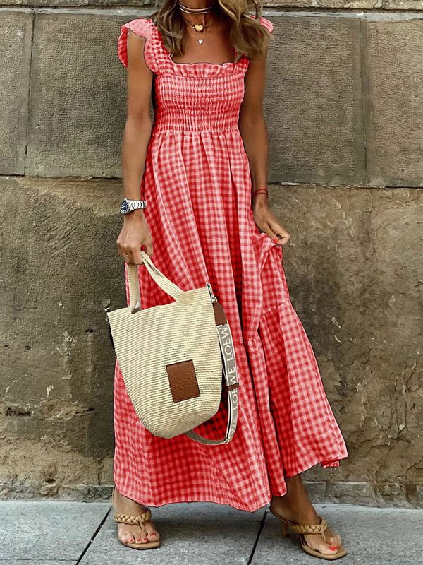 Gingham Smocked Maxi Dress Resort Style: RED