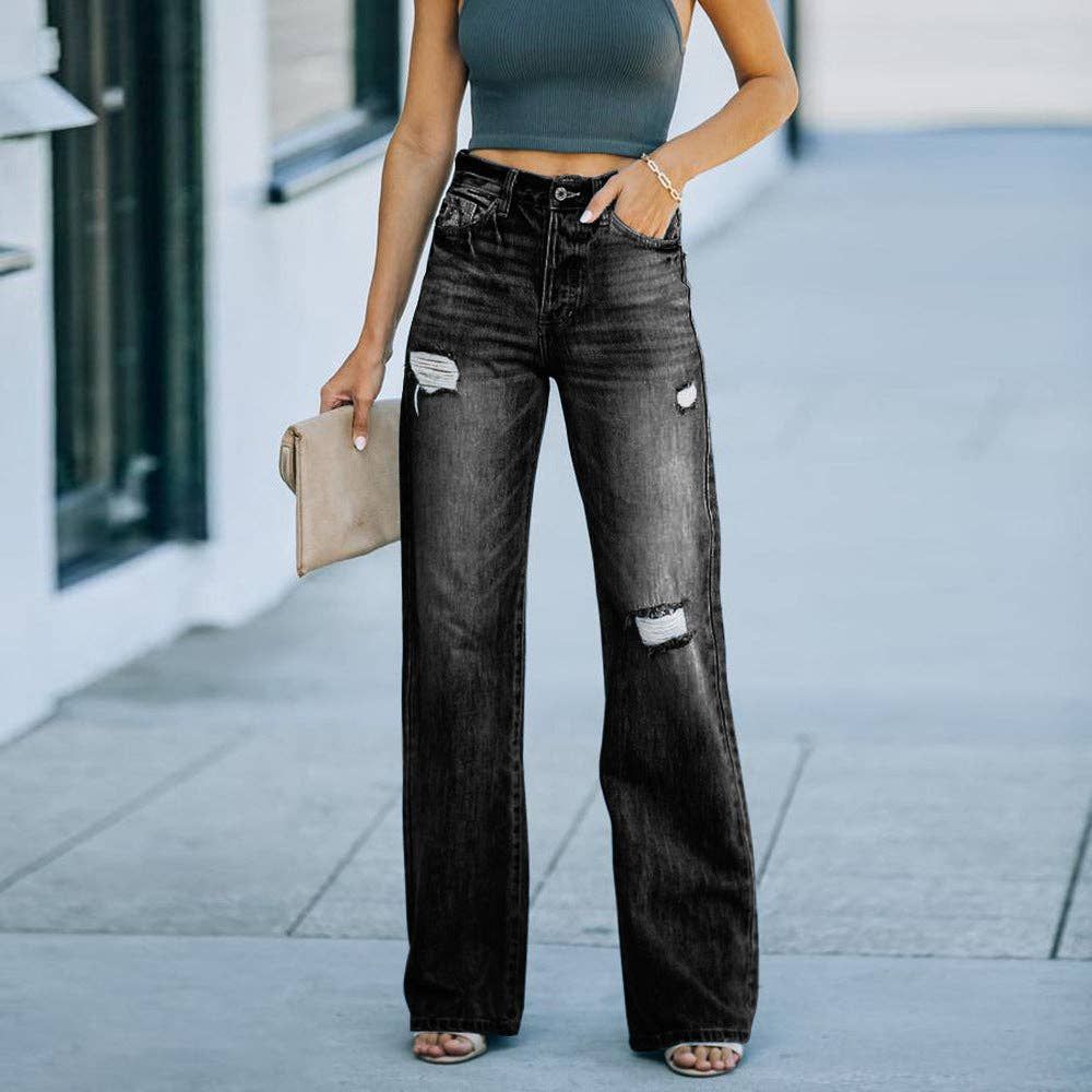 Fashion Distressed High-Waist Wide Leg Jeans for Women: Black Large