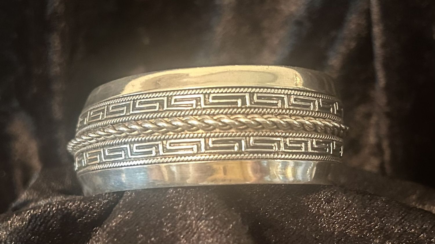 Sterling Cuff with Greek key and rope design.