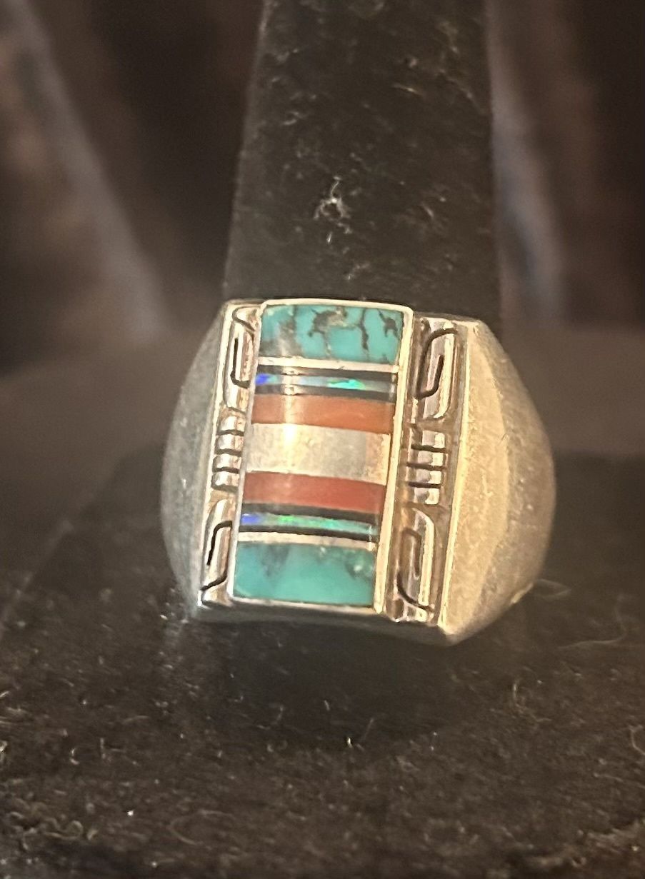 Native Inlay Ring, signed sterling F. Turquoise, coral, jet, mop.