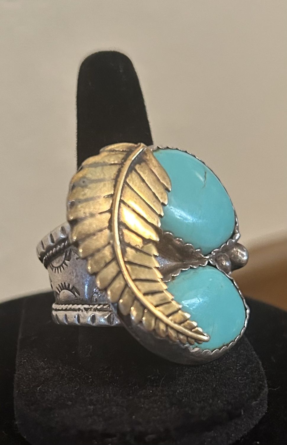 Native, 2 tone sterling &amp; Turquoise ring w/wide stamped band.