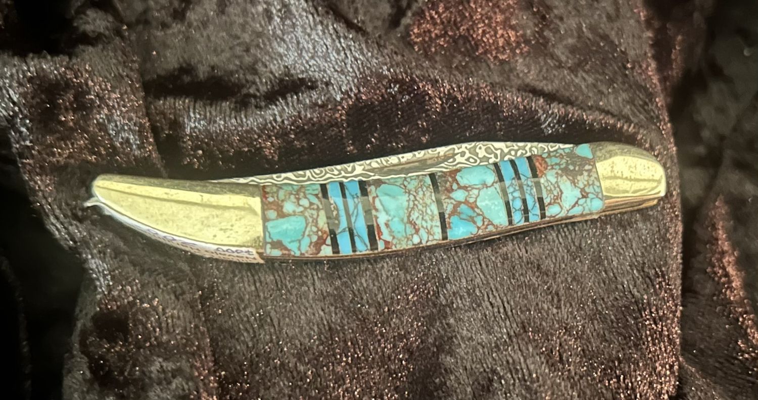 Native, Gilbert Smith Knife with Damascus Blade, &amp; Inlay of Turquoise &amp; Jet. 3”.