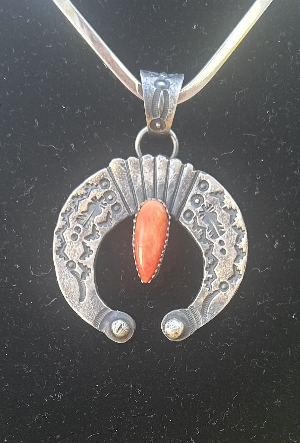 Sterling Native signed E L Billah, orange spiny naja pendant,  2 1/4” x 1 3/4”.
