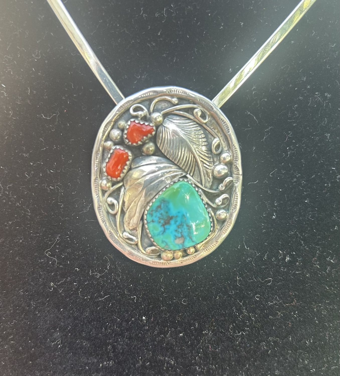 Native signed M Sterling. Coral &amp; turq.  shepherd hook and broach.