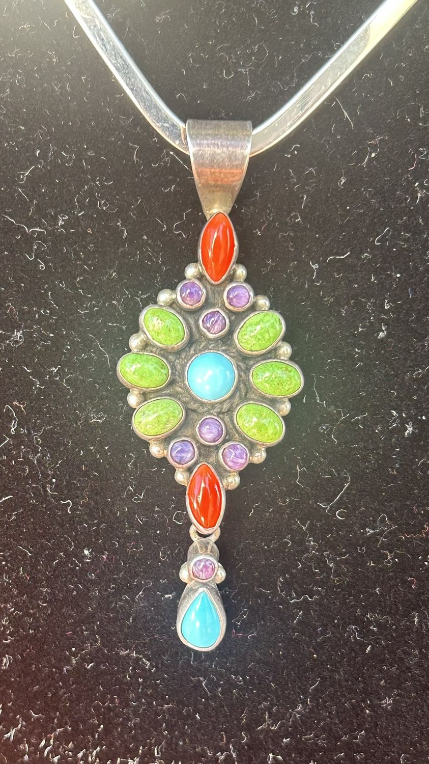 NA, Sterling. Coral, Sugilite, Gaspeite, &amp; Turquoise pendant.