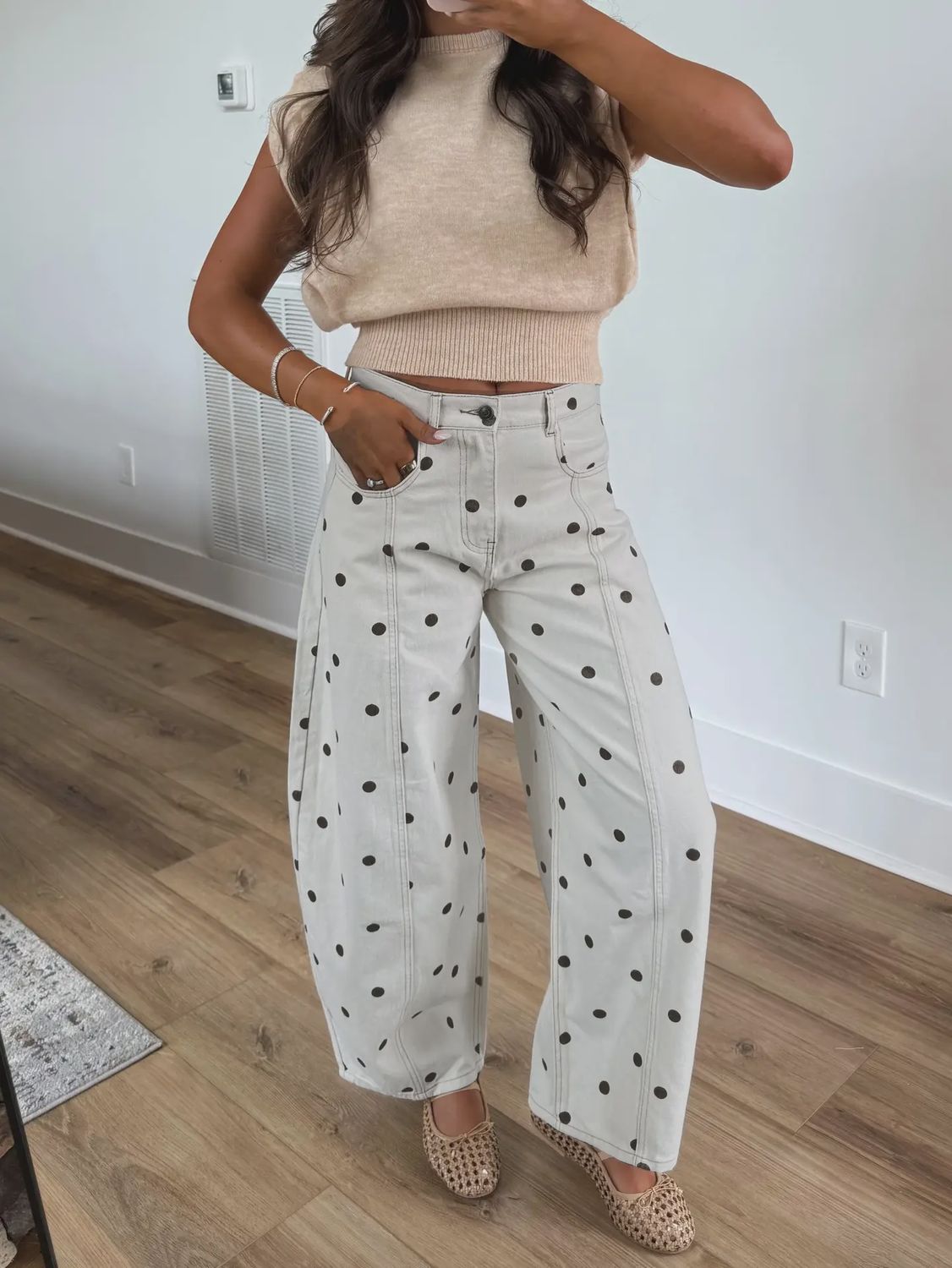 Retro Chestnut Polka Dot Loose Straight Pants, Size: Large
