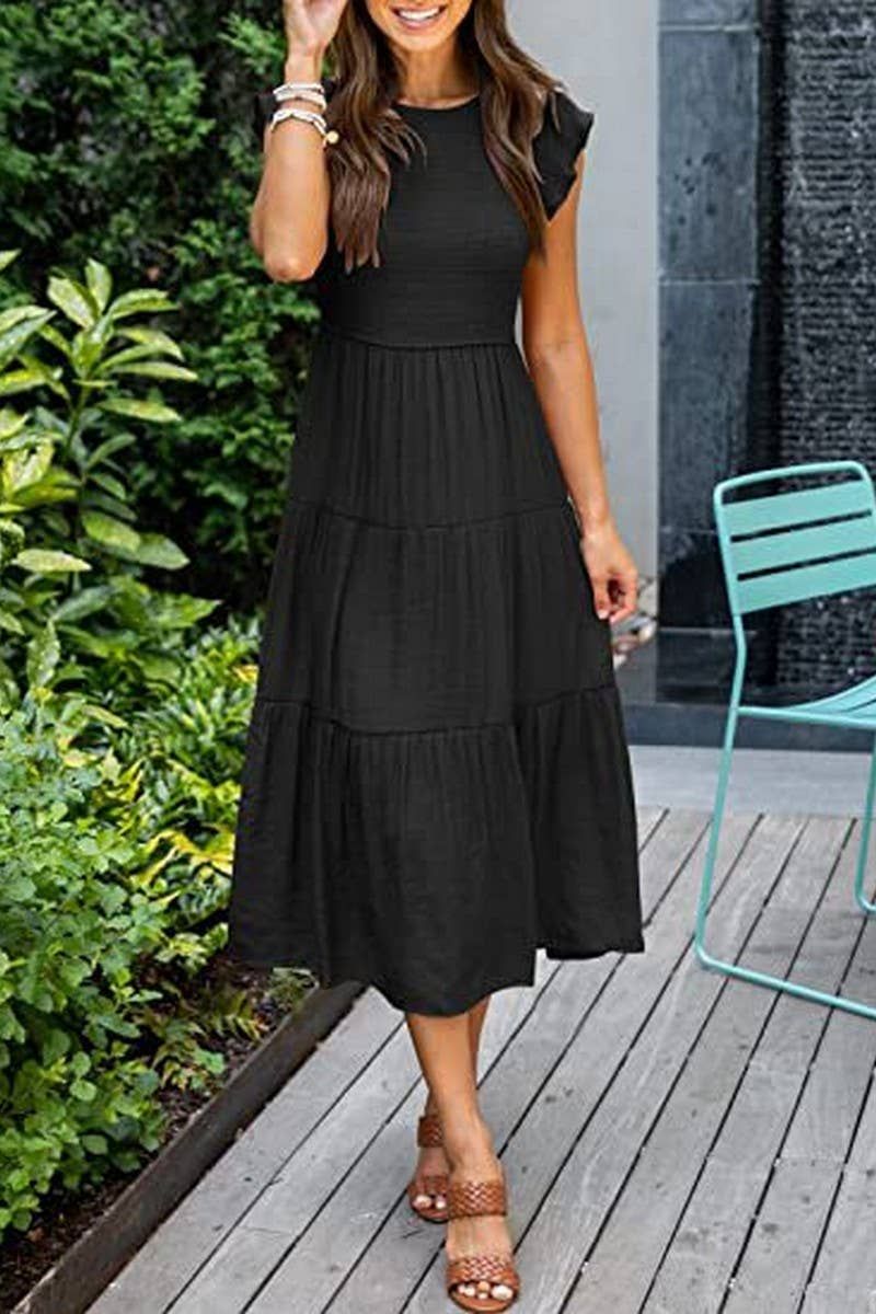 CWDMD2568_FLYING SLEEVE SHIRRED LAYERED SHORT SLEEVE DRESS: Black, Size: Small