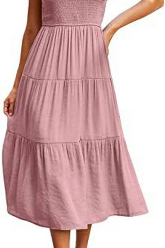 CWDMD2568_FLYING SLEEVE SHIRRED LAYERED SHORT SLEEVE DRESS: Pink