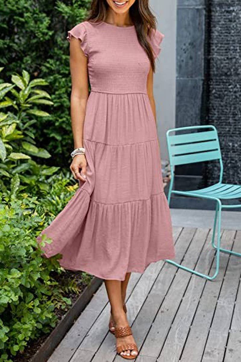 CWDMD2568_FLYING SLEEVE SHIRRED LAYERED SHORT SLEEVE DRESS: Pink, Size: Small