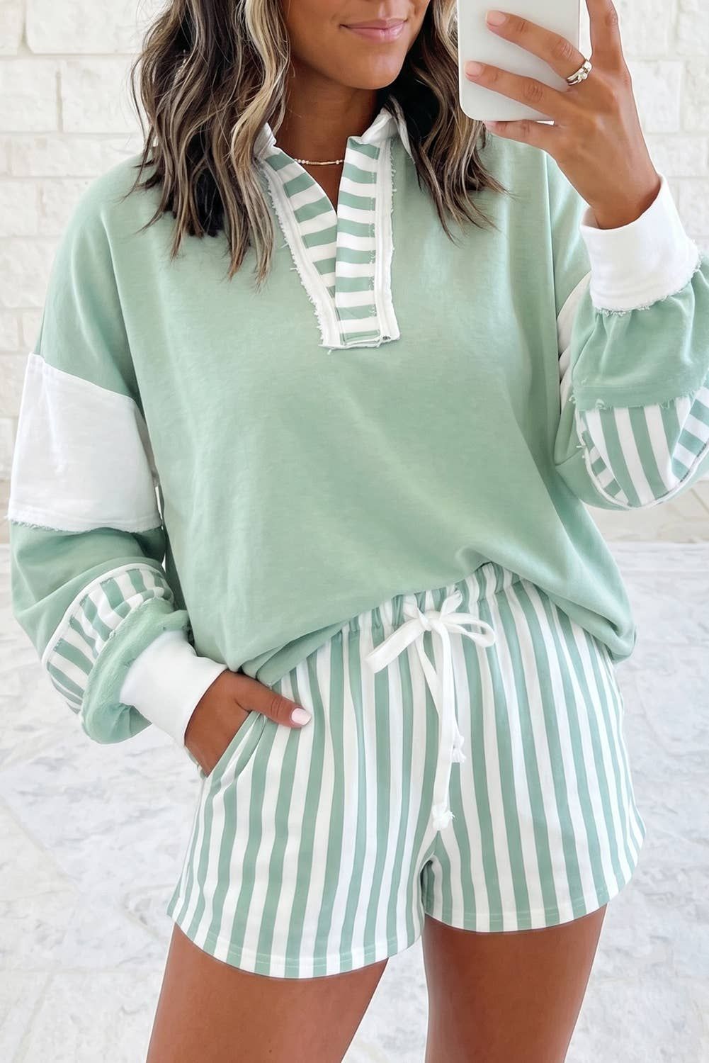 Striped Colorblock Patchwork Sweatshirt &amp; Shorts Set S–4X: Smoke Green / S, Size: Small
