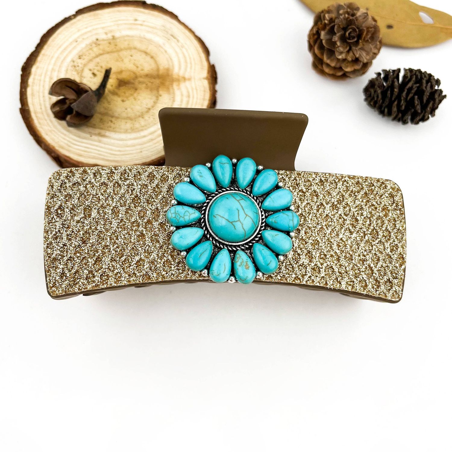 Boho Turquoise Floral PU Rectangle Hair Claw Clip