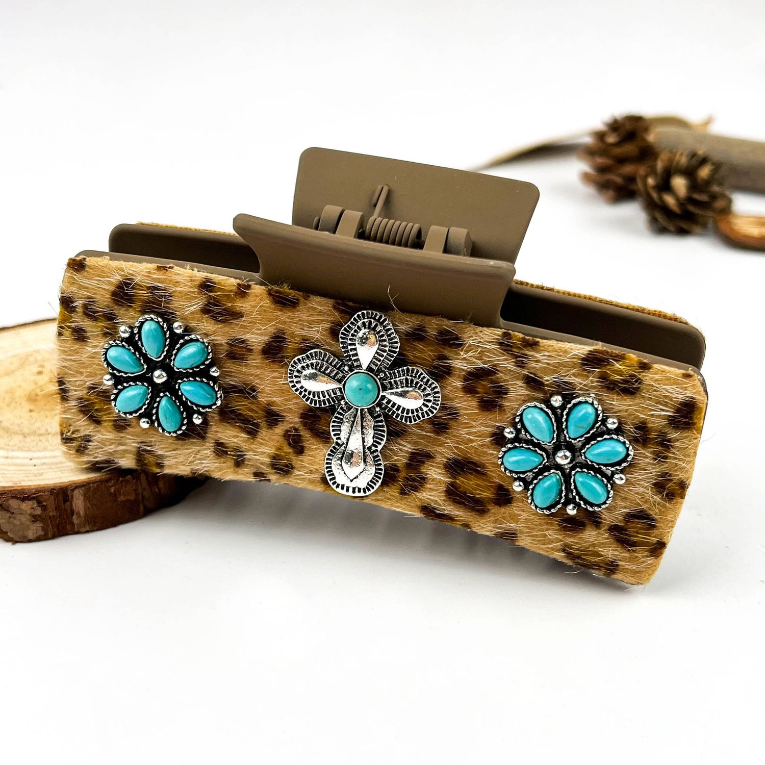 Boho Turquoise Leopard Print Leather Hair Claw Clip