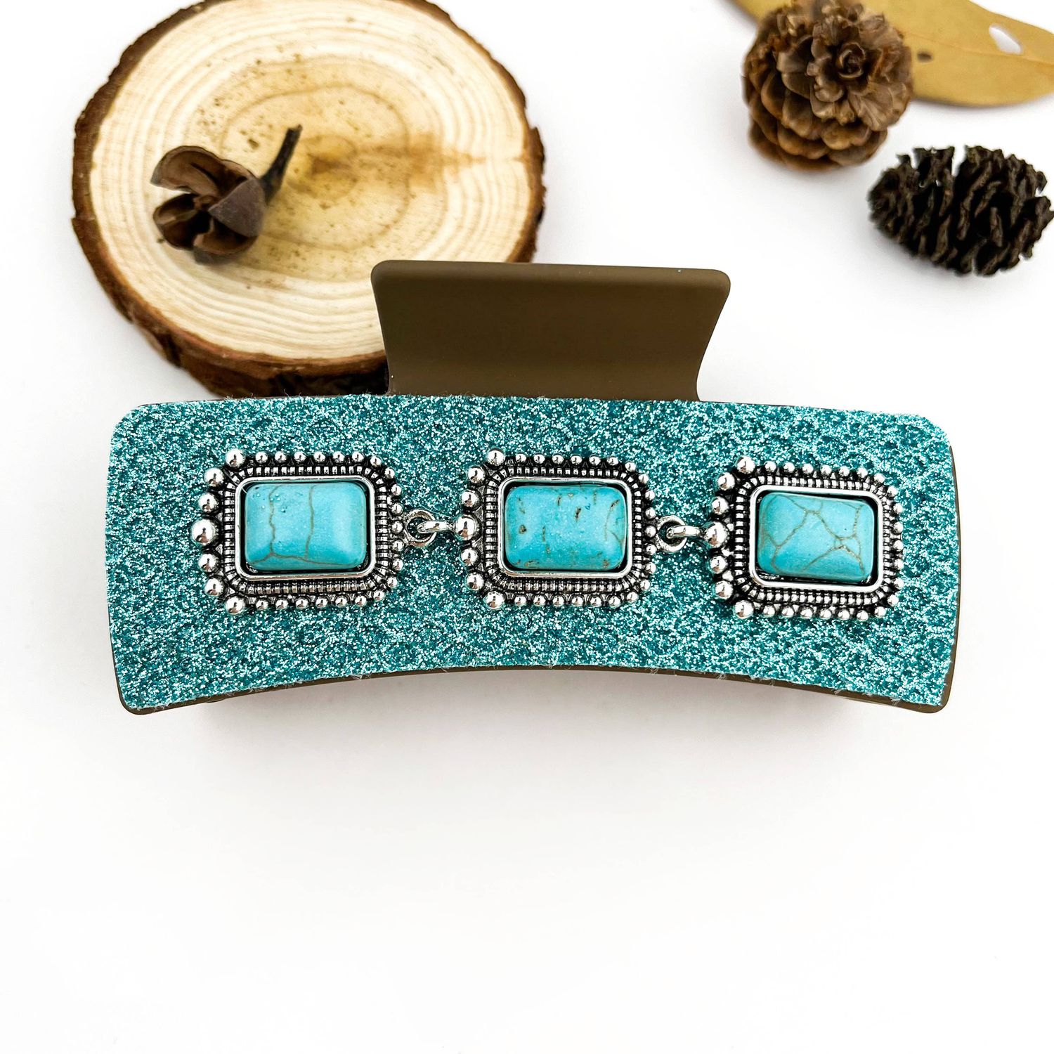 Boho Turquoise Floral PU Rectangle Hair Claw Clip: B