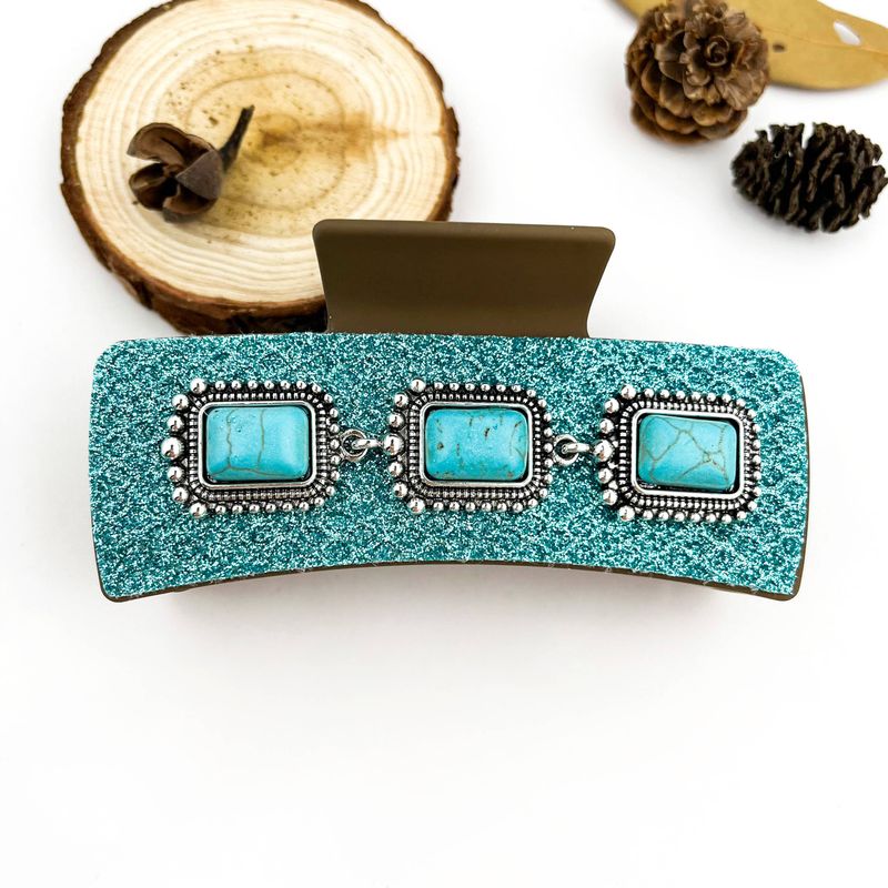 Boho Turquoise Floral PU Rectangle Hair Claw Clip: B