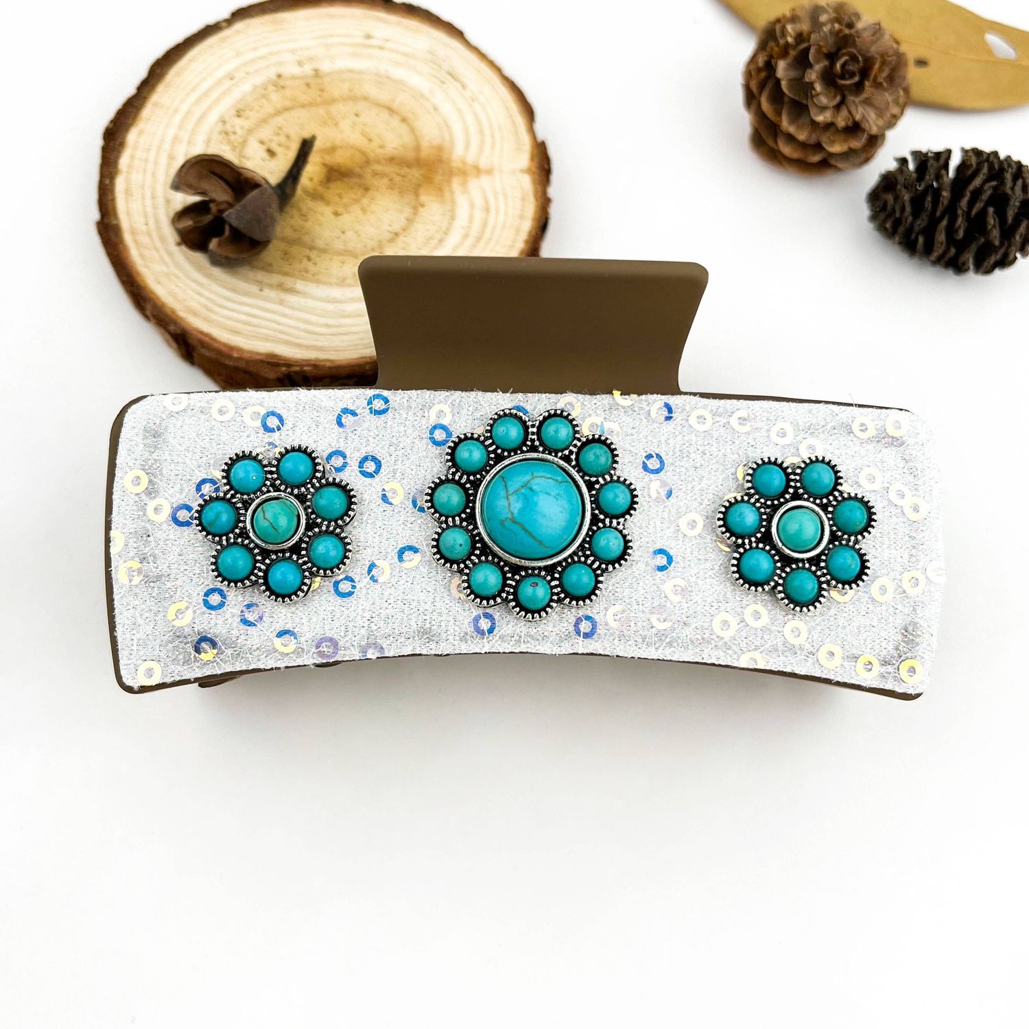 Boho Turquoise Floral PU Rectangle Hair Claw Clip: C