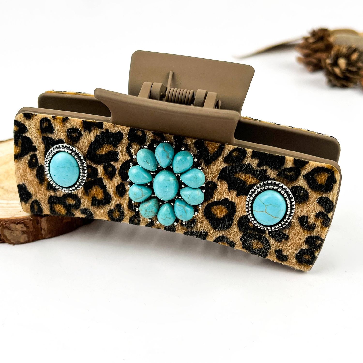 Boho Turquoise Leopard Print Leather Hair