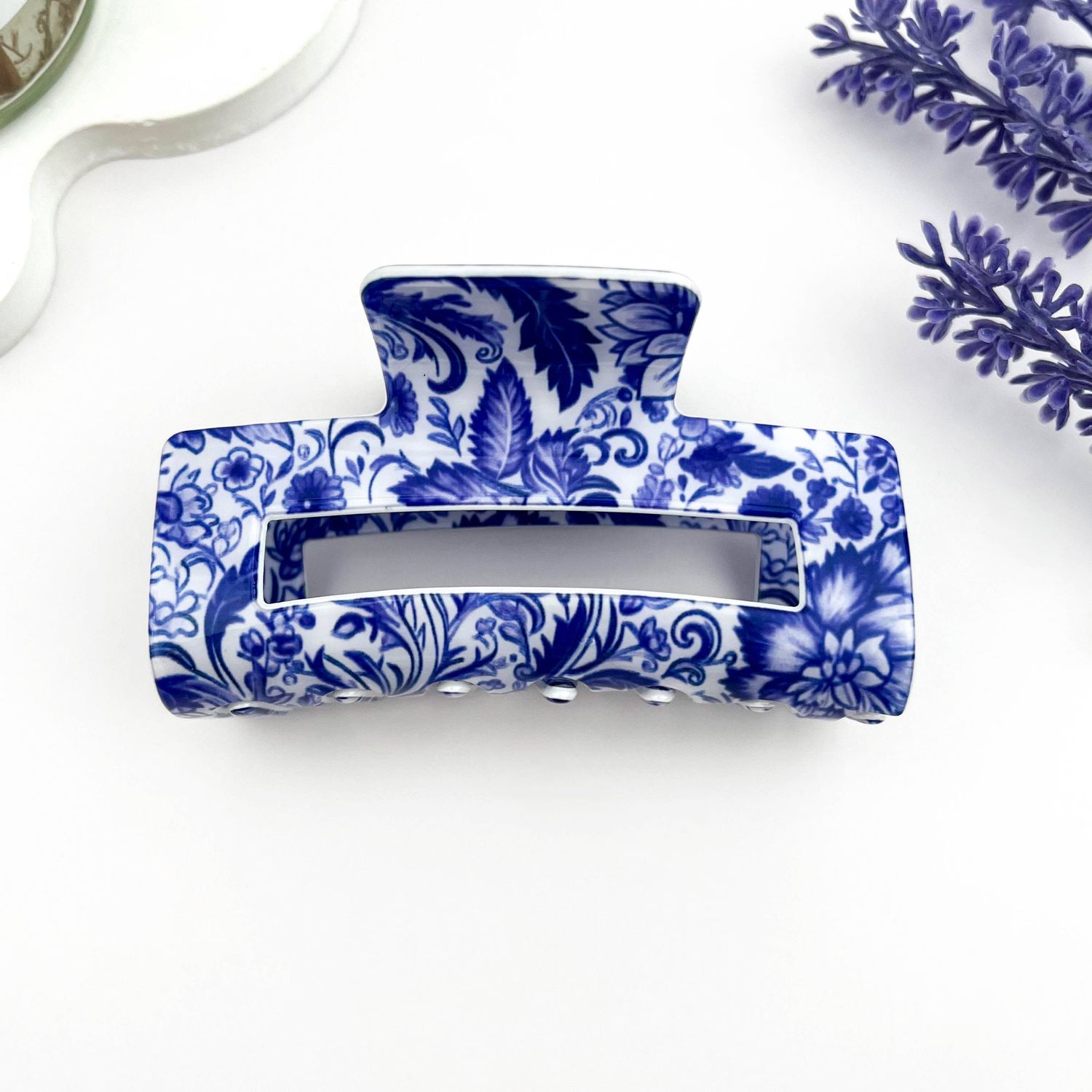 Blue &amp; White Porcelain Hair Claw – Cutout Rectangle Clip: A