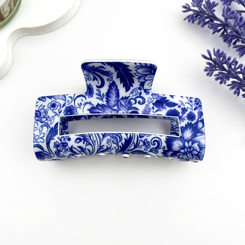 Blue &amp; White Porcelain Hair Claw – Cutout Rectangle Clip: A