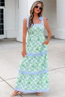 Green Geometric Floral Print Striped Patchwork Detail Sleeveless Dress