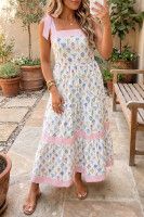 Multicolour Floral Print Striped Detail Knot Straps Maxi Dress - Multicolour, Size: Small
