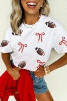 White Sequin Rugby Bow Print Round Neck Casual Shift Tee - White, Size: Small