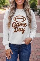 White Embroidered Slogan Game Day Rugby Pattern Crewneck Sweatshirt - White