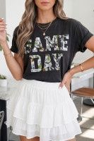 Black Game Day Camo Letter Print Round Neck Casual T Shirt - Black, Size: Small