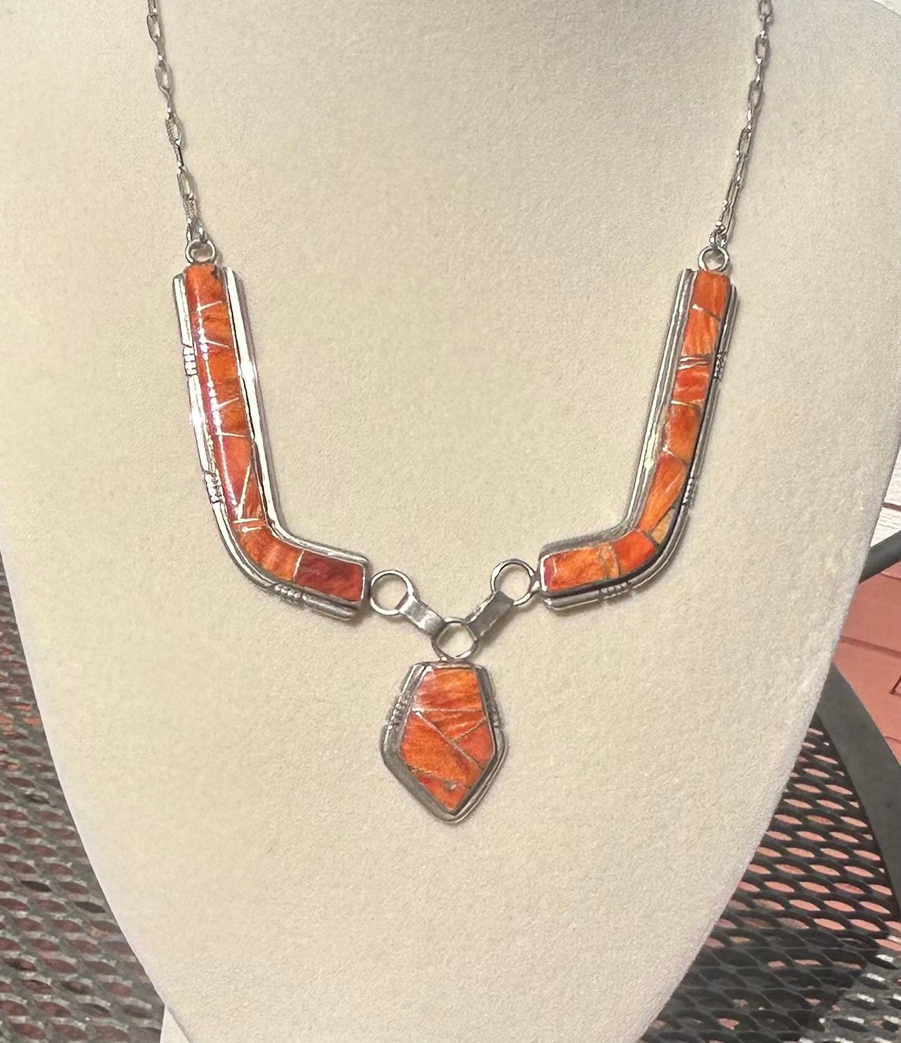 Orange Spiny and Sterling Inlay Necklace
