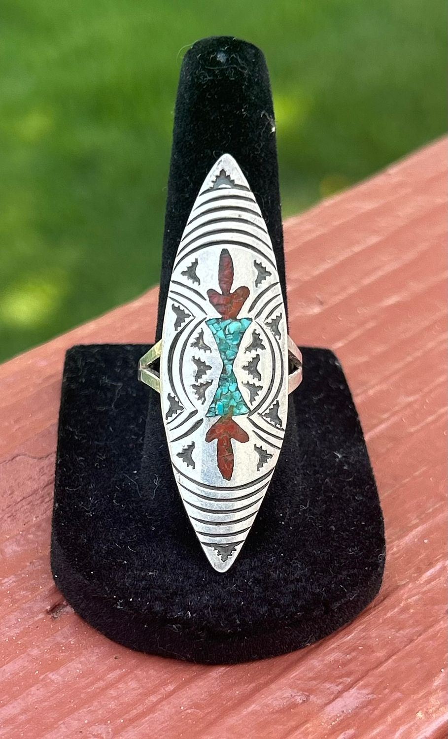 NA signed J. F. &amp; Inventory Code. Sterling Turquoise and Coral chip inlay.
