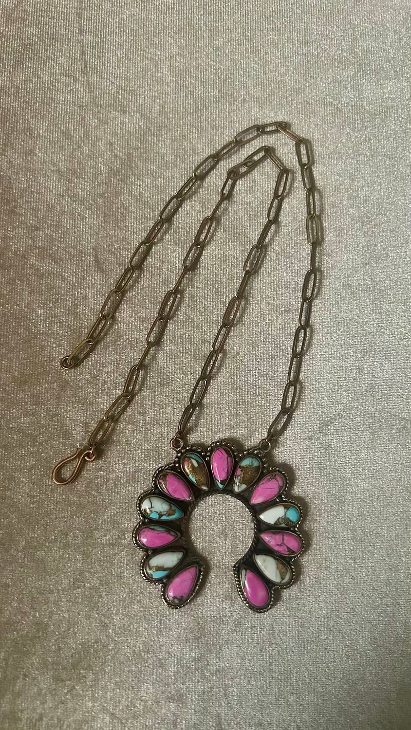Native American, Cotton Candy Naja 2” on an 18” Copper Paper Clip Chain