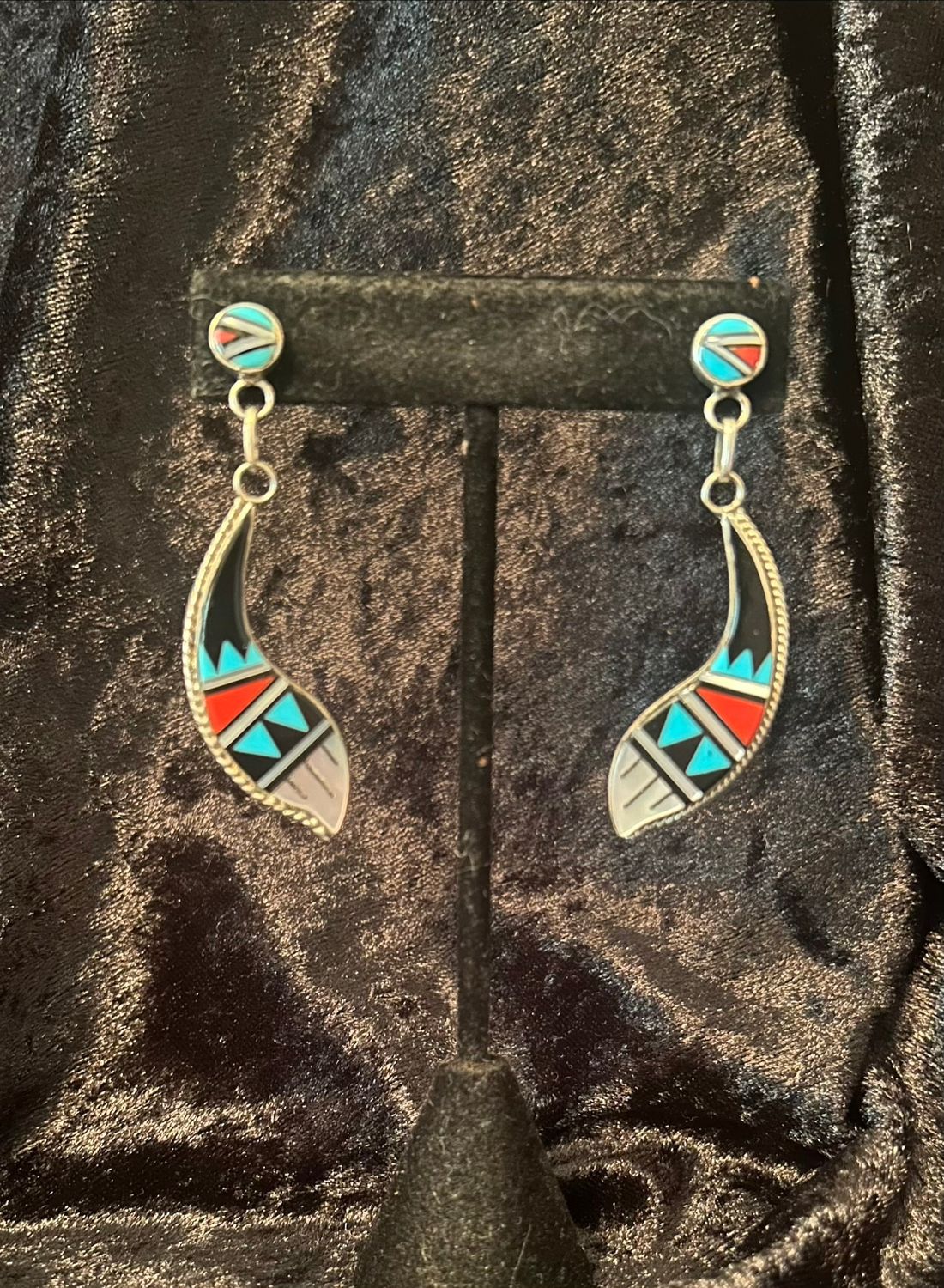 Zuni Inlay Earrings, Turquoise, Coral, MOP and Jet