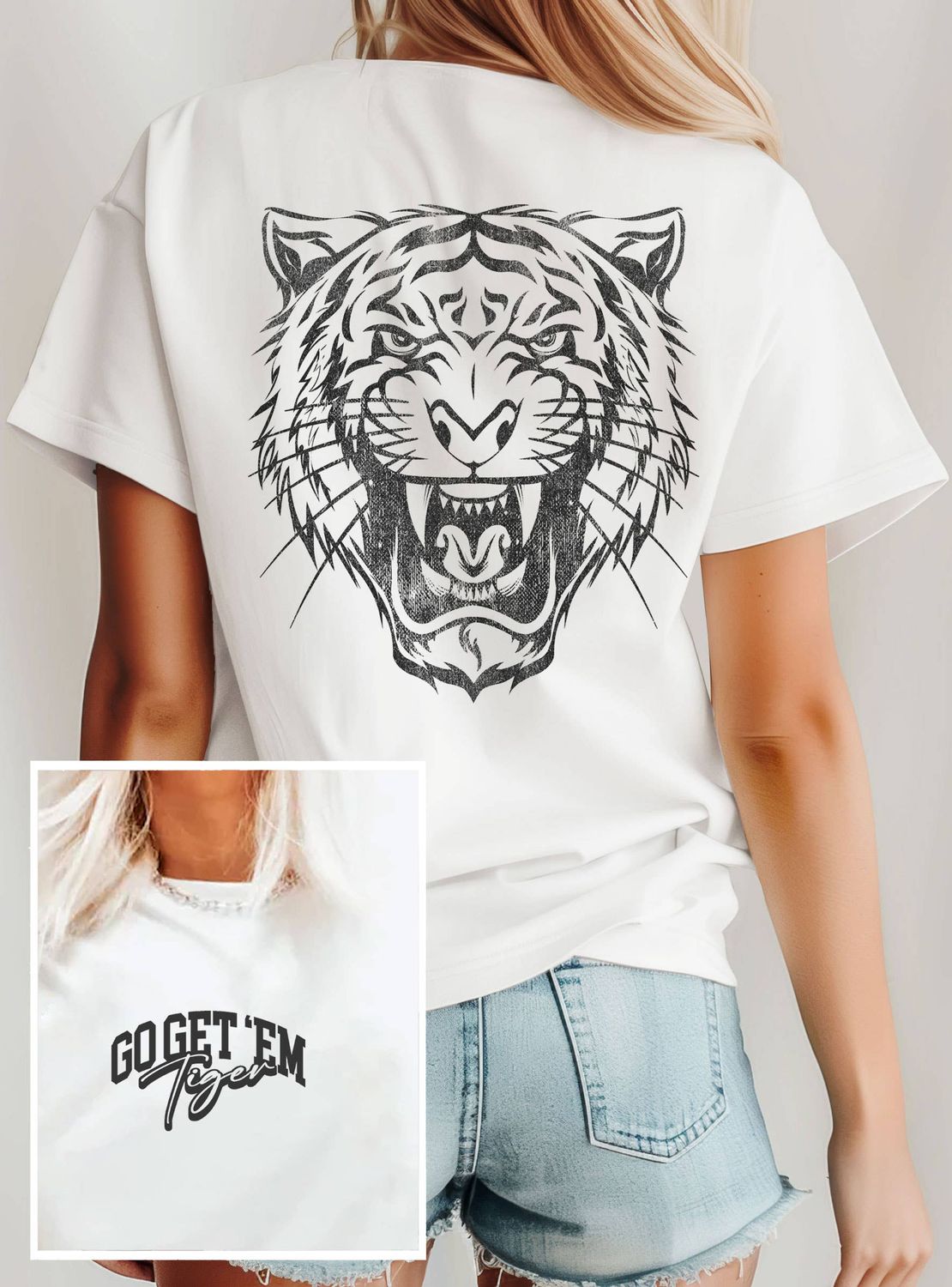 ROARING TIGER FRONT&amp;BACK PUFF GRAPHIC T SHIRTS: White, Size: Small
