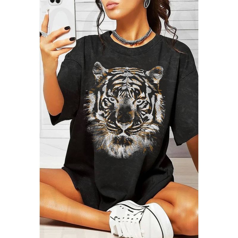 TIGER BIG FACE FOIL OVERSIZED MINERAL GRAPHIC TEE: Mineral Black