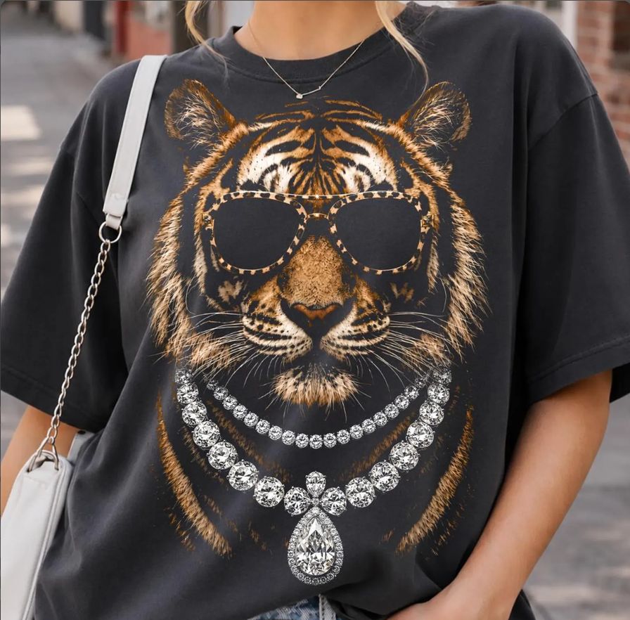 Glam Tiger Sunglasses &amp; Bling Graphic Tee: Black, Size: Small